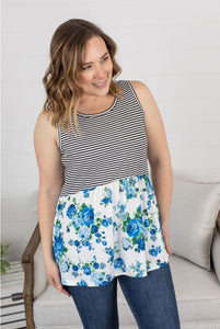 Ruffle Tank- Blue Floral and Stripes